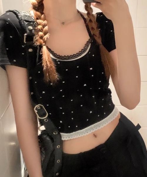 SHEPP(シープ)の「ドット リボン レース フェイクレイヤード ピチTシャツ ホルターネック風 半袖T(Tシャツ/カットソー・レディース・ホワイト/ブラック/グレー・F)」の7枚目の写真