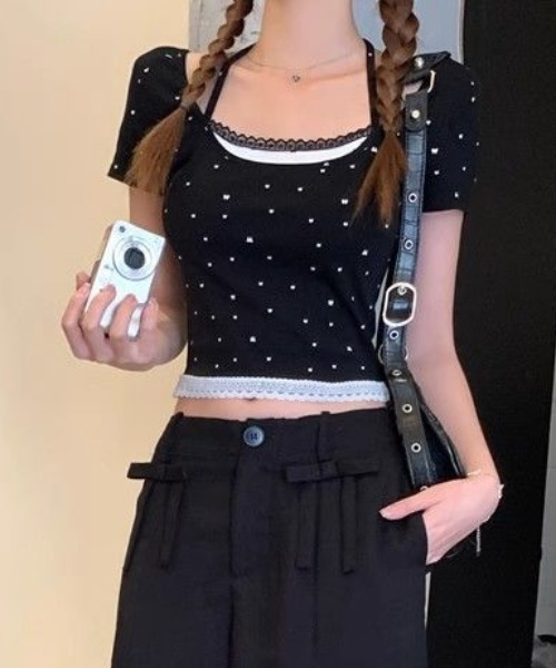 SHEPP(シープ)の「ドット リボン レース フェイクレイヤード ピチTシャツ ホルターネック風 半袖T(Tシャツ/カットソー・レディース・ホワイト/ブラック/グレー・F)」の5枚目の写真