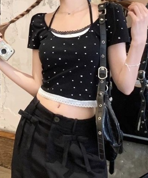 SHEPP(シープ)の「ドット リボン レース フェイクレイヤード ピチTシャツ ホルターネック風 半袖T(Tシャツ/カットソー・レディース・ホワイト/ブラック/グレー・F)」の6枚目の写真