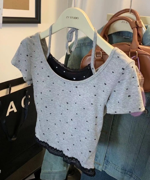 SHEPP(シープ)の「ドット リボン レース フェイクレイヤード ピチTシャツ ホルターネック風 半袖T(Tシャツ/カットソー・レディース・ホワイト/ブラック/グレー・F)」の22枚目の写真