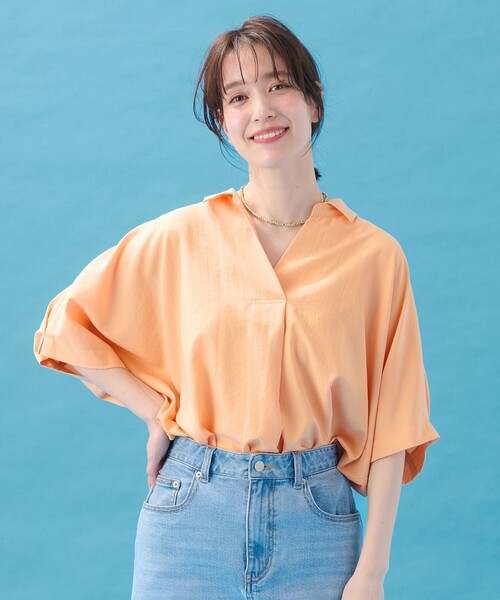 セール】【新色追加】スキッパーネック袖タックブラウス（シャツ