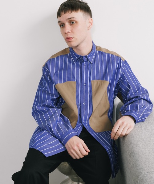 WHITE MOUNTAINEERING(ホワイトマウンテニアリング)の「White Mountaineering/ホワイトマウンテニアリング MID GUSSET SLEEVE STRIPE WORK SHIRT ストライプ ワークシャツ(シャツ/ブラウス・メンズ・ブルー・1/2/3)」の8枚目の写真