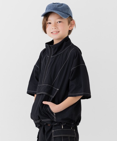 セール】ナイロン素材 配色ステッチ ハーフジップ半袖Tシャツ（Tシャツ