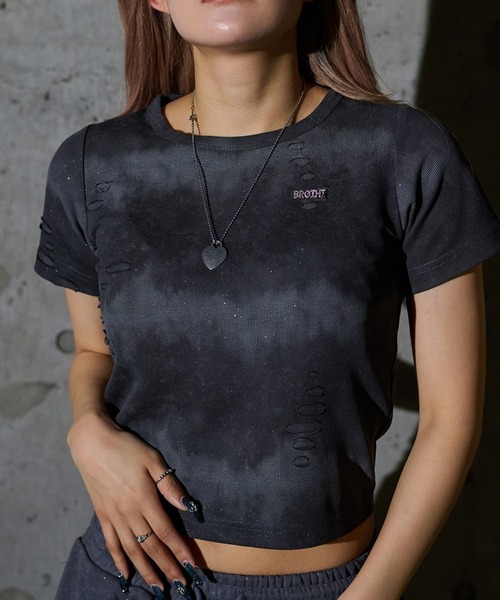 sedacle girl(セダクルガール)の「グリッターダメージリブTシャツ【SETUP着用可能】(Tシャツ/カットソー・レディース・ホワイト系その他/アイボリー/ブラック/グレー系その他/チャコールグレー/ブラック系その他・SMALL/MEDIUM)」の5枚目の写真