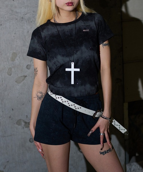 sedacle girl(セダクルガール)の「グリッターダメージリブTシャツ【SETUP着用可能】(Tシャツ/カットソー・レディース・ホワイト系その他/アイボリー/ブラック/グレー系その他/チャコールグレー/ブラック系その他・SMALL/MEDIUM)」の1枚目の写真