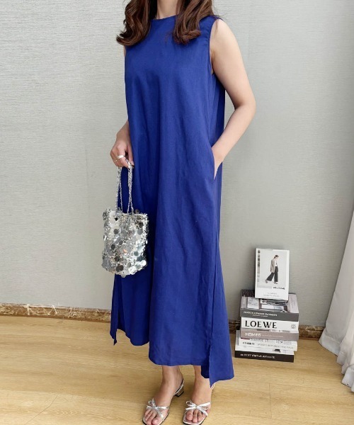 【美品】マカフィー リネン ノースリーブ ワンース 36 M ブルー 美品】マカフィー リネン ノースリーブ ワンース 36 M ブルー