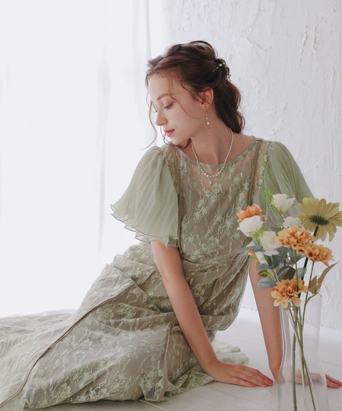 ドリードール メロースリーブ×プリーツドレス　ライトカーキ　グリーン　ミント　緑 ドリードール メロースリーブ×プリーツドレス ライトカーキ グリーン