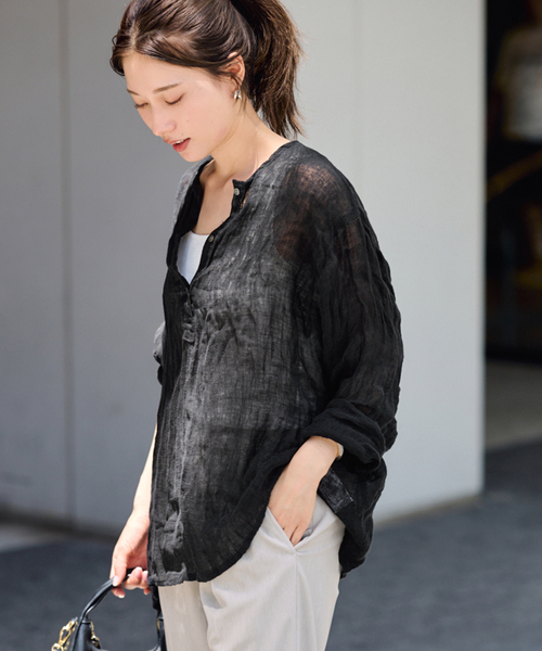 ≪追加≫LINENクレープヘンリーネックブラウス 2（シャツ/ブラウス