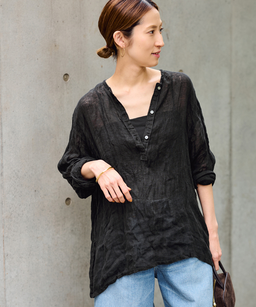 ≪追加≫LINENクレープヘンリーネックブラウス 2（シャツ/ブラウス