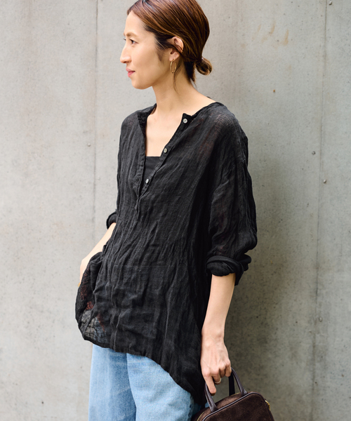 ≪追加≫LINENクレープヘンリーネックブラウス 2（シャツ/ブラウス