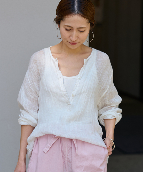 ≪追加≫LINENクレープヘンリーネックブラウス 2（シャツ