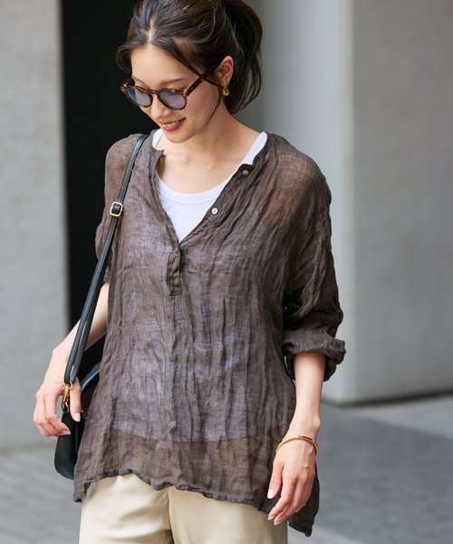 ≪追加≫LINENクレープヘンリーネックブラウス 2（シャツ/ブラウス