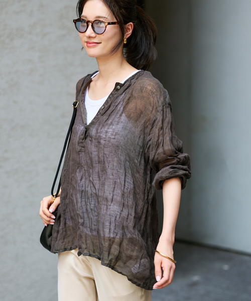 フレームワーク クレープヘンリーネックブラウス ブラック 新品未使用 フレームワーク FRAMeWORK ≪追加予約≫LINENクレープヘンリー