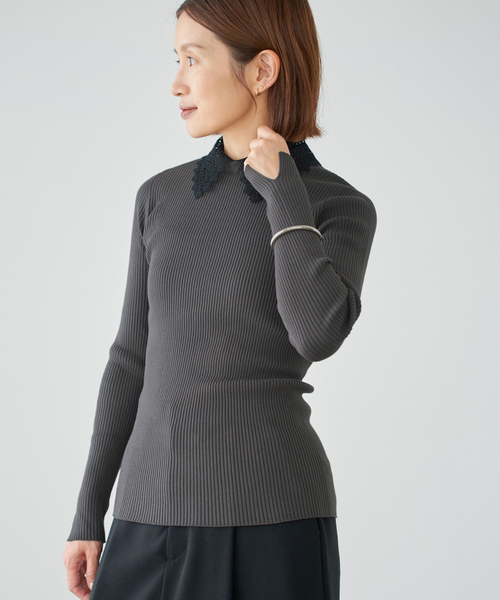 2025SS　美品　イエナ レース襟ホールガーメント　リブニット 紺F　IENA レース襟 RIBホールガーメントプルオーバー（ニット／セーター