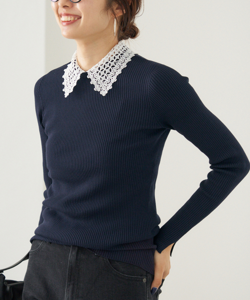 2025SS　美品　イエナ レース襟ホールガーメント　リブニット 紺F　IENA 2025SS 美品 イエナ レース襟ホールガーメント リブニット 紺F