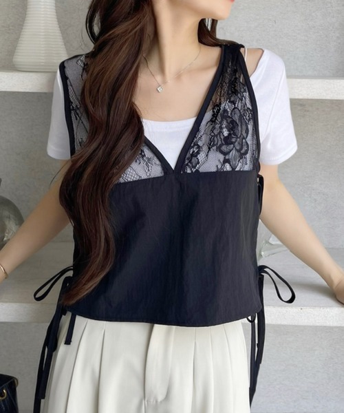 TREOVER(トレオーバー)の「軽くて使いやすい♪ 2WAYサイドリボンレースべスト(Tシャツ/カットソー・レディース・ブラック・FREE)」の5枚目の写真