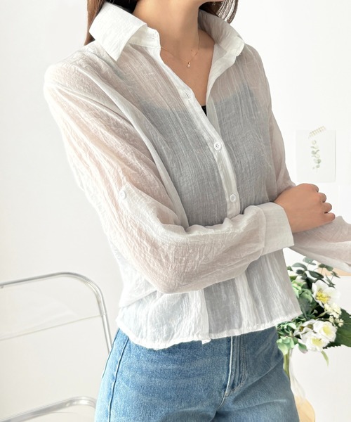 Amulet(アミュレット)の「甘さひかえめ、大人の余裕をまとう リネン風シアーシャツ(シャツ/ブラウス・レディース・ネイビー/グリーン/グレー/ホワイト・S/M)」の6枚目の写真