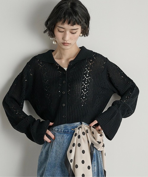 セール】針抜きジャガードニットポロカーディガン（カーディガン
