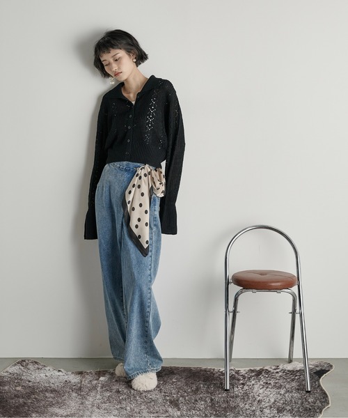 セール】針抜きジャガードニットポロカーディガン（カーディガン