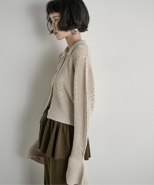 セール】針抜きジャガードニットポロカーディガン（カーディガン