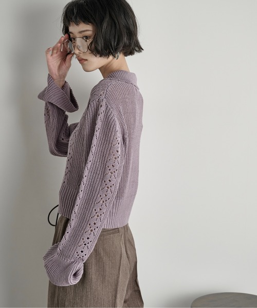 セール】針抜きジャガードニットポロカーディガン（カーディガン