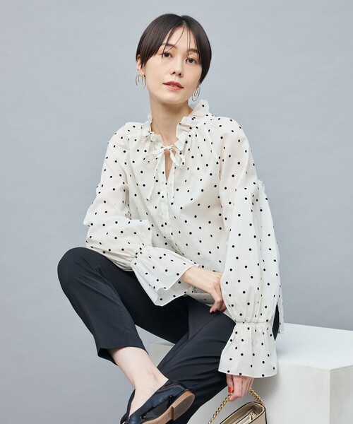 セール】ドットフロッキーフリルネックブラウス（シャツ/ブラウス