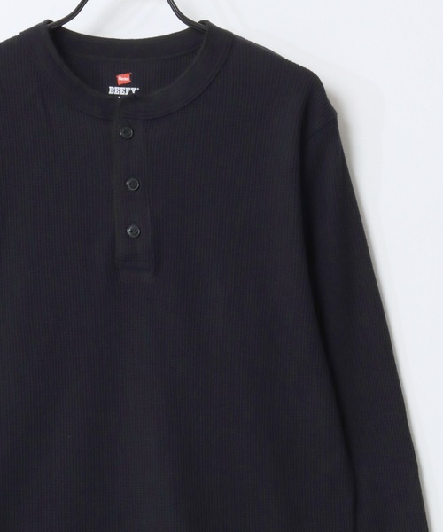 HANES(ヘインズ)の「Hanes/へインズ BEEFY/ビーフィー 無地 ワッフル/サーマル ヘンリーネック 長袖Tシャツ/ロングスリーブTシャツ/1P パックT/レディース メンズ(Tシャツ/カットソー・メンズ・ブラック/グレー/ネイビー/ホワイト・S/M/L/XL)」の6枚目の写真