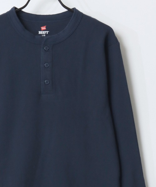 HANES(ヘインズ)の「Hanes/へインズ BEEFY/ビーフィー 無地 ワッフル/サーマル ヘンリーネック 長袖Tシャツ/ロングスリーブTシャツ/1P パックT/レディース メンズ(Tシャツ/カットソー・メンズ・ブラック/グレー/ネイビー/ホワイト・S/M/L/XL)」の8枚目の写真