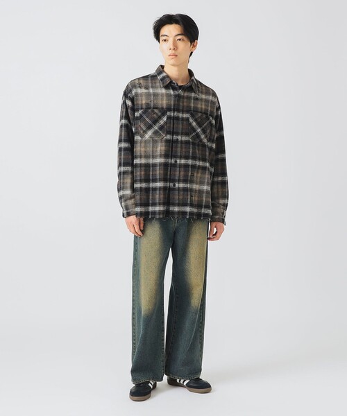 BEAMS HEART（ビームスハート）の「フェード ダメージ ネルシャツ【ユニセックス】（シャツ/ブラウス・メンズ・ブラウン/ブラック・SMALL/MEDIUM/LARGE）」の3枚目の写真