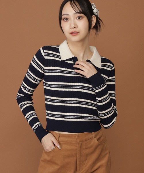 3.3 Field Trip （3.3フィールドトリップ）の「3.3 Field Trip／ダブルボーダー長袖ニット（ニット/セーター・レディース・ネイビー/ボルドー・FREE）」の2枚目の写真