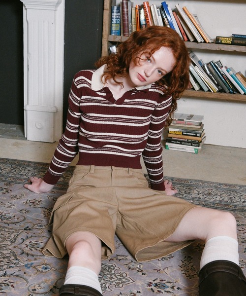 3.3 Field Trip （3.3フィールドトリップ）の「3.3 Field Trip／ダブルボーダー長袖ニット（ニット/セーター・レディース・ネイビー/ボルドー・FREE）」の9枚目の写真