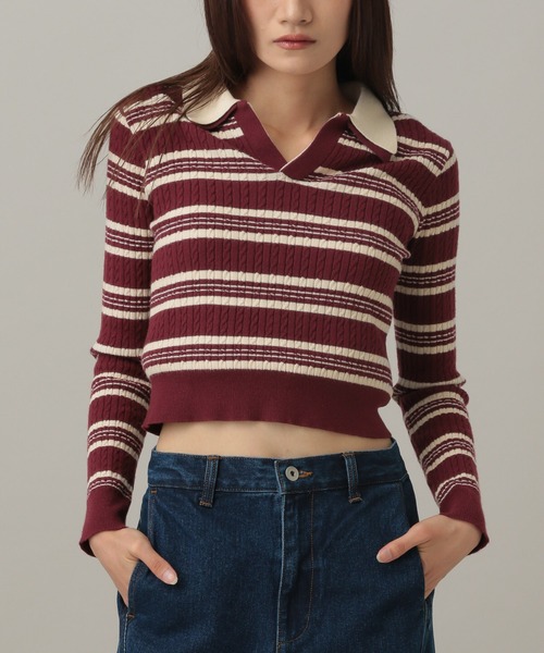 3.3 Field Trip （3.3フィールドトリップ）の「3.3 Field Trip／ダブルボーダー長袖ニット（ニット/セーター・レディース・ネイビー/ボルドー・FREE）」の6枚目の写真