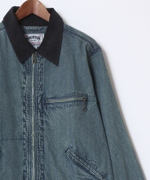 HOUSTON/ヒューストン Denim Zip Work Jacket/オーバーサイズ デニム 襟コーデュロイ ワークジャケット/ハンティングジャケット/ブルゾン/レディース メンズ