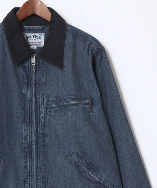 HOUSTON/ヒューストン Denim Zip Work Jacket/オーバーサイズ デニム 襟コーデュロイ ワークジャケット/ハンティングジャケット/ブルゾン/レディース メンズ