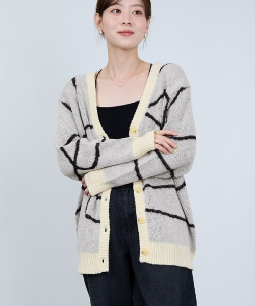 セール】総柄 もちりニットカーディガン（カーディガン/ボレロ）｜NAVY