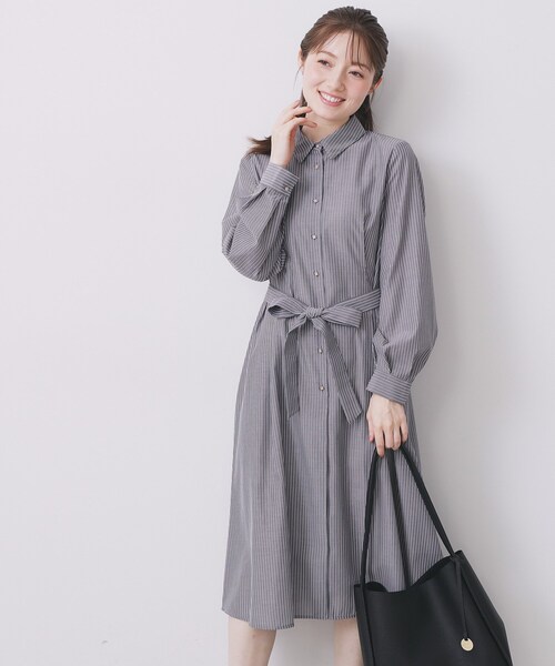 セール】ラメストライプシャツワンピース【洗濯機OK/イージーアイロン