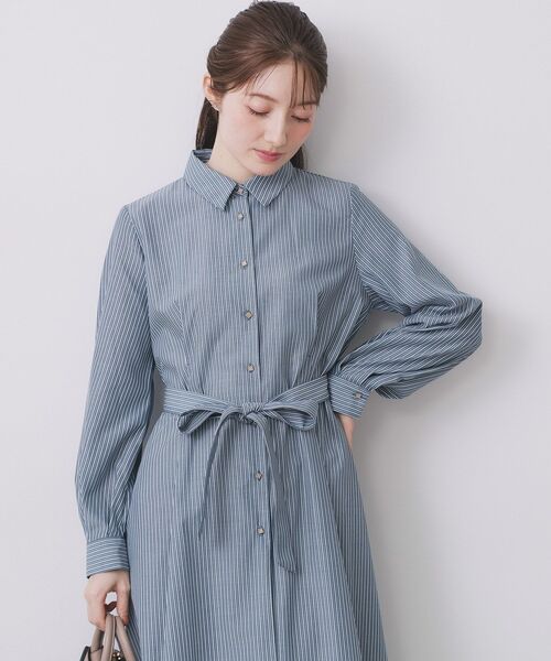 セール】ラメストライプシャツワンピース【洗濯機OK/イージーアイロン