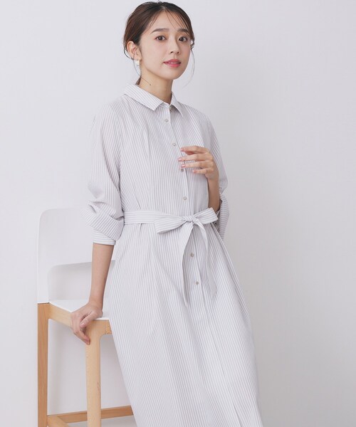 ストライプのみ セール】ラメストライプシャツワンピース【洗濯機OK/イージーアイロン