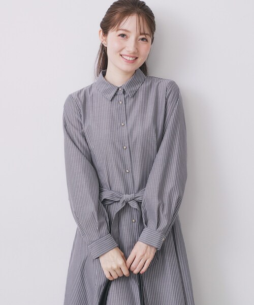 セール】ラメストライプシャツワンピース【洗濯機OK/イージーアイロン