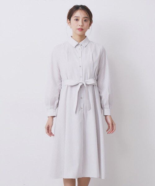 セール】ラメストライプシャツワンピース【洗濯機OK/イージーアイロン