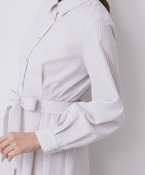 セール】ラメストライプシャツワンピース【洗濯機OK/イージーアイロン