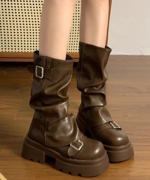 セール】厚底ヴィンテージ シュリンクドフェイクレザー スクエア