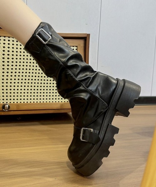 セール】厚底ヴィンテージ シュリンクドフェイクレザー スクエア
