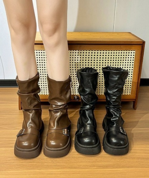 セール】厚底ヴィンテージ シュリンクドフェイクレザー スクエア