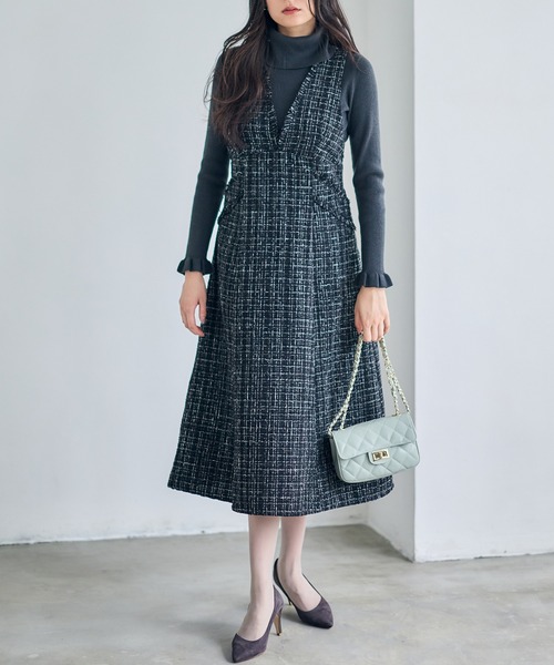 12Twelve Agenda（トゥエルブ　アジェンダ）の「フリンジツイードフレアジャンスカ（ワンピース・レディース・ブラウン/ブラック/グレイッシュベージュ・M）」の5枚目の写真