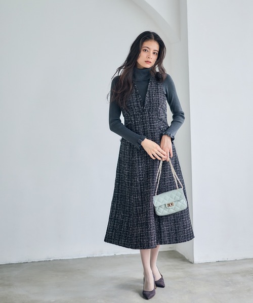 12Twelve Agenda（トゥエルブ　アジェンダ）の「フリンジツイードフレアジャンスカ（ワンピース・レディース・ブラウン/ブラック/グレイッシュベージュ・M）」の6枚目の写真