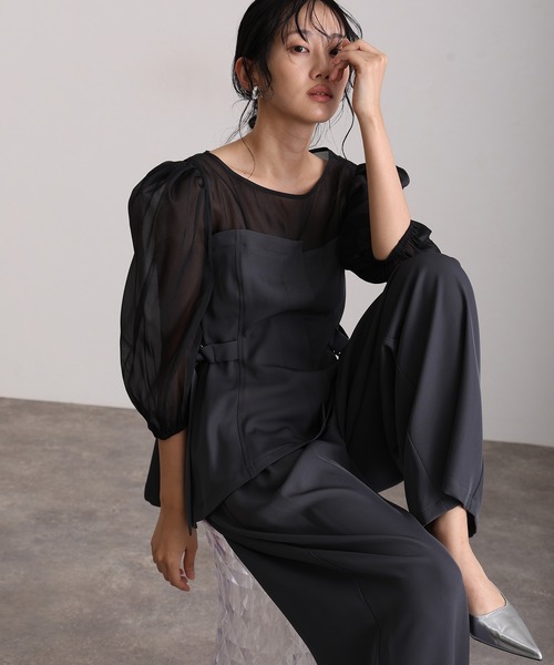 atlo(アトロ)の「セットアップ パンツドレス 結婚式 二次会&ワイド ルーズセパレートパンツセットクルーネック背面ゴムビスチェセレモニー フォーマル ロング丈 オケージョンドレス お呼ばれ 同窓会 成人式 (パンツドレス・レディース・チャコール/ベージュ/ブラック/ブラック系その他・M)」の7枚目の写真