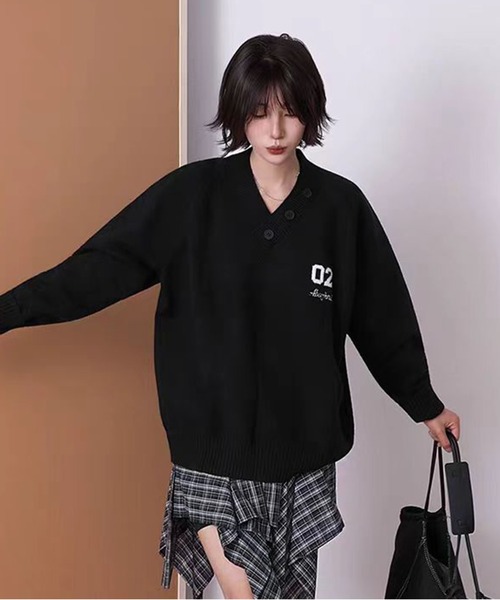専用❤みかん♥暖か♥大人サイズ☆Wボア★ネックウォーマー⭐ココア＆グレージュ♥ セール】【新作】アシンメトリーVネックアルファベット刺繍セーター