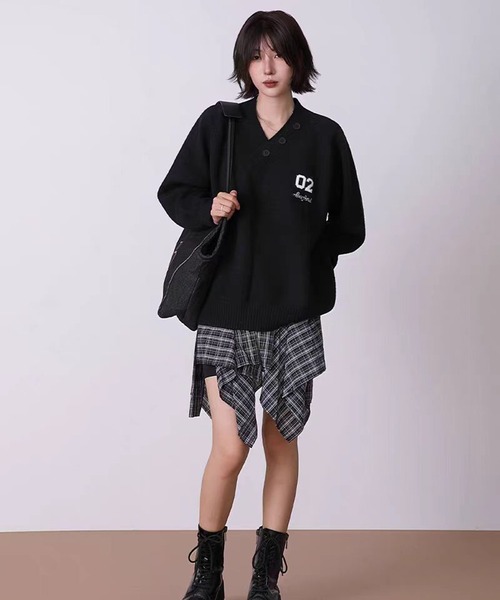 専用❤みかん♥暖か♥大人サイズ☆Wボア★ネックウォーマー⭐ココア＆グレージュ♥ セール】【新作】アシンメトリーVネックアルファベット刺繍セーター