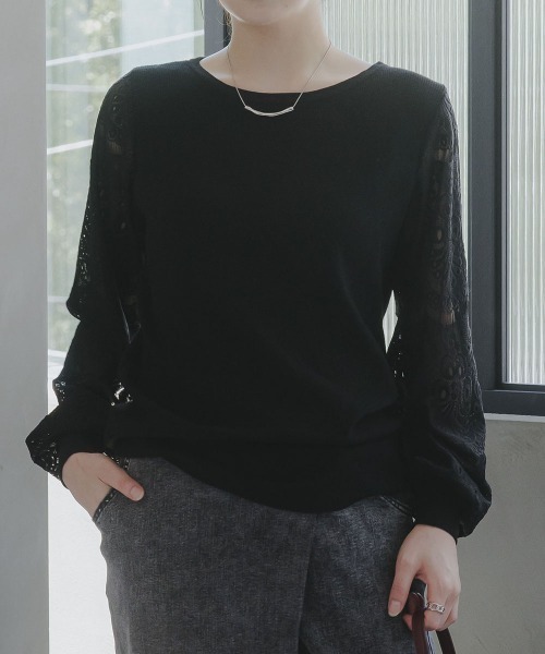 slattgir(スラットジール)の「高身長 袖レースニットプルオーバー(トールサイズ)Essenave(ニット/セーター・レディース・ブラック/杢グレー/モカ・TM/TL/TLL/T3L/T5L/T4L)」の2枚目の写真